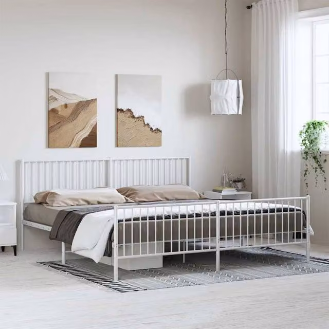 Berkfield Home Metal Bed Frame with Headboard and Footboard in White, W/D/H: 193 x 198 x 90.5 cm
