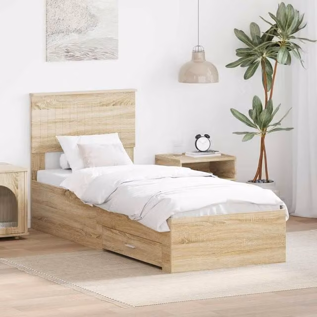 Berkfield Home Sonoma Oak and Silver Bed Frame in Brown, Engineered Wood, W: 75 cm x L: 190 cm