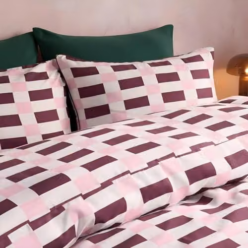 OHS King Size Checkerboard Microfibre Duvet Cover and Pillowcase Set in Burgundy and Pink, W/D/H: 180 x 200 cm, Pillowcases: 50 x 75 cm – 3