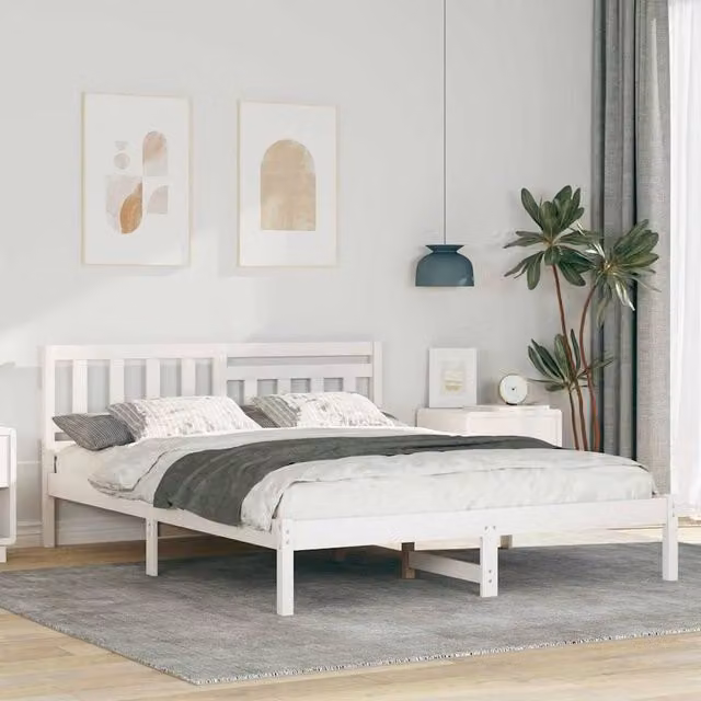 Berkfield Home White Solid Pine Wood Bed Frame with Headboard W/D/H: 150 x 200 x 80.5 cm – 1