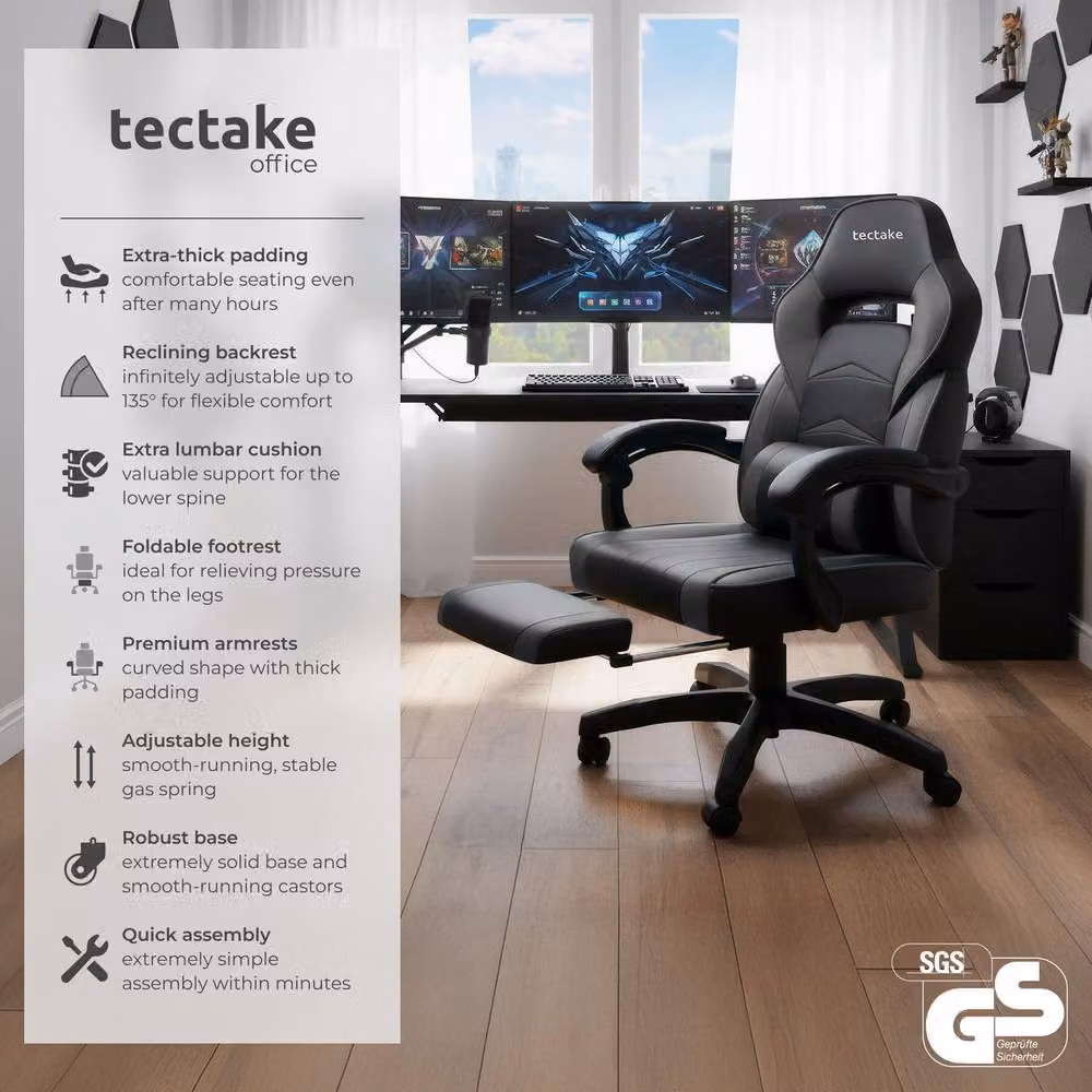 tectake Comodo Gaming Chair in Black with Synthetic Leather, Footrest and Adjustable Backrest – 2