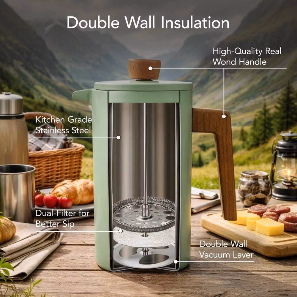 KORVIXA Double Wall Insulated French Press Coffee Maker, 1000ml, Green, Diameter: 20 cm – 3