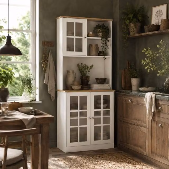 Wyld Haus Somire White and Oak Kitchen Storage Cabinet with Glass Doors – 1