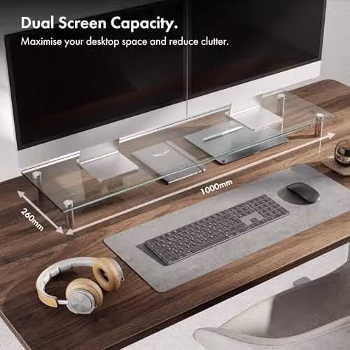 VonHaus Height Adjustable Dual Monitor Screen Riser in Transparent Tempered Glass with Aluminium Legs, W: 100 cm, D: 26 cm – 2