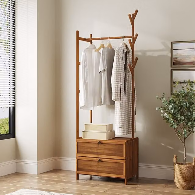 Livingandhome Minimalist Wooden Hall Tree with Bench and Dual Hook and Rail Matrix in Brown