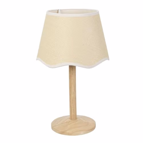 ValueLights Single Stem Natural Wood Table Lamp with White Scallop Fabric Shade and LED Bulb