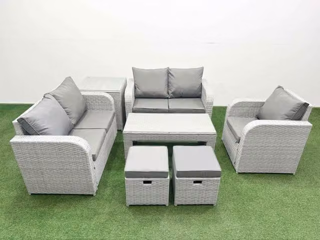 Fimous Grey Poly Rattan Garden Furniture Set with Reclining Chair, Loveseat Sofa, Oblong Coffee Table and 2 Stool Side Tables
