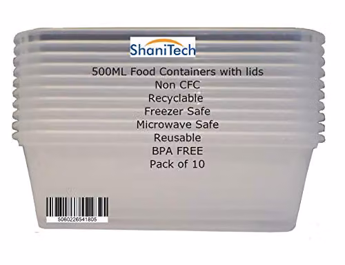 ShaniTech Pack of 10 Reusable Plastic Food Containers with Snap Lids, 500ml, Transparent, Microwave and Freezer Safe – 2