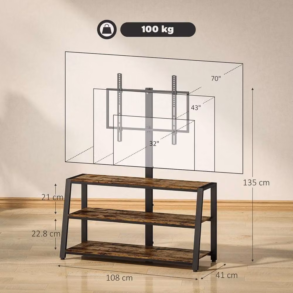 KORVIXA Industrial TV Stand with Swivel Bracket and Open Shelves in Brown – 2