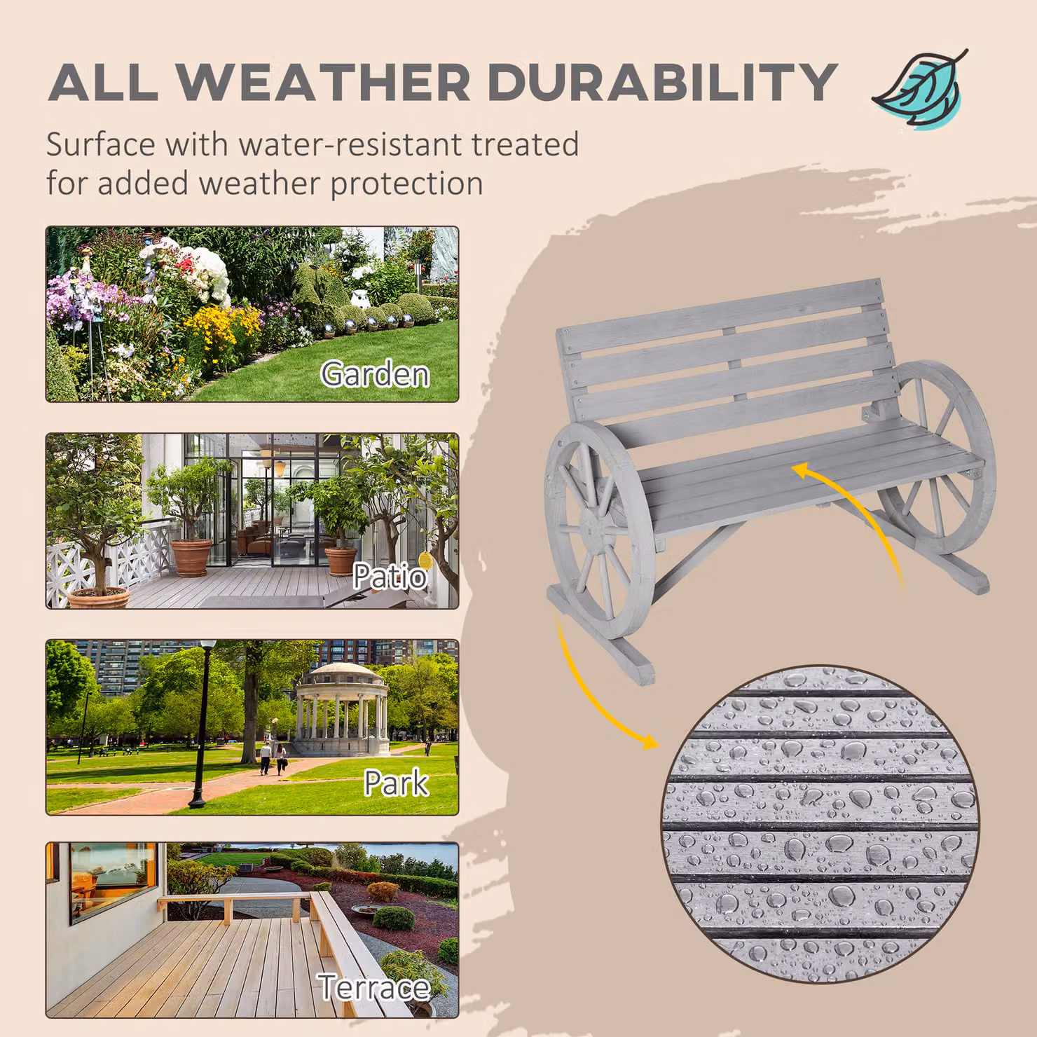 Outsunny 2 Seater Rustic Garden Bench with Armrests and Wagon Wheel Design, Grey – 3