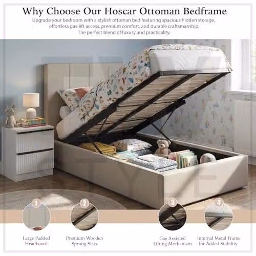FWStyle Hoscar Single Ottoman Storage Bed in Beige, Upholstered Fabric with Lift-Up Base, W/D/H: 113 x 109 x 209 cm – 3