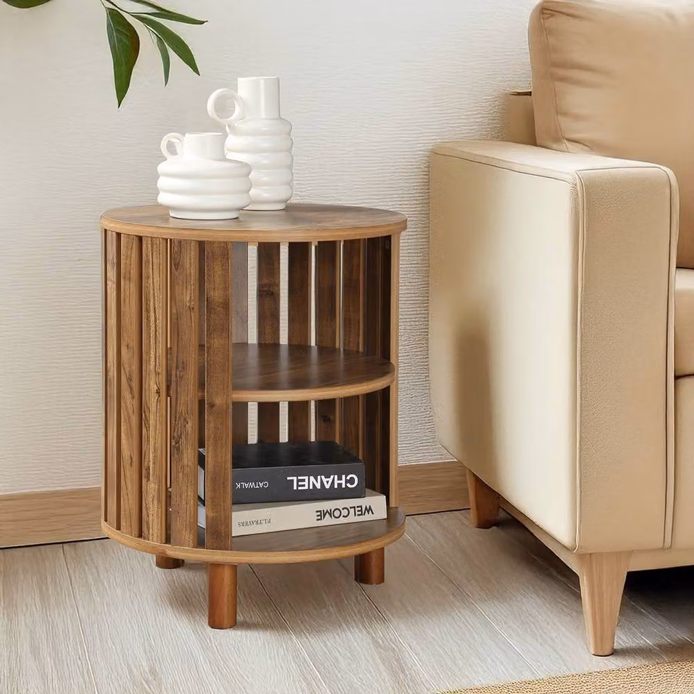 Calicosy LIAM Round Bedside Table in Brown, H 50 cm x W 40 cm x D 40 cm – 4
