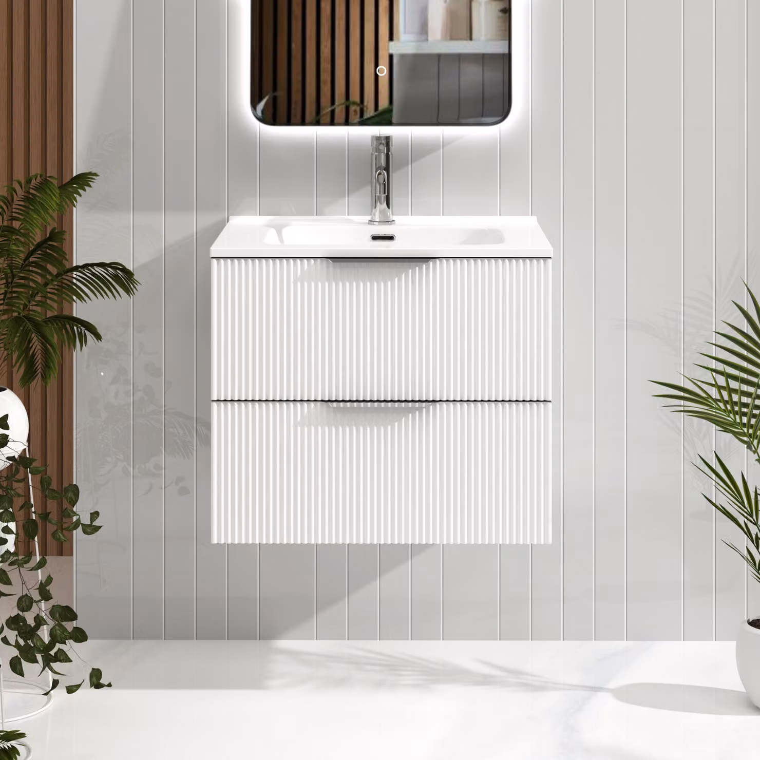 Royal Bathrooms Evora Matt White Fluted Wall Hung Vanity Unit with 2 Drawers and Ceramic Basin, W: 60 cm