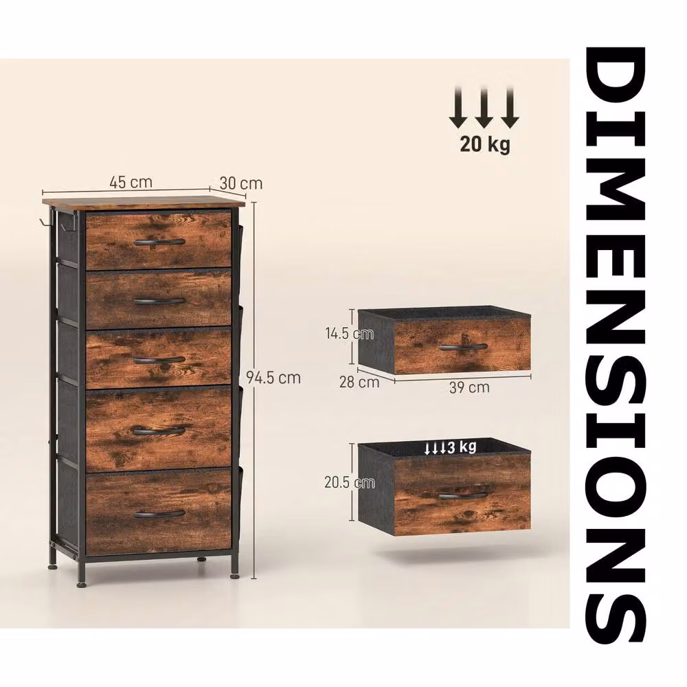 FURNOS Industrial 5 Fabric Drawer Chest Storage Unit in Rustic Brown, W/D/H: 94.5 x 30 x 45 cm – 5