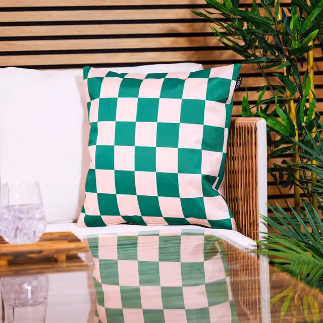 icon Green Checkerboard Waterproof Indoor and Outdoor Cushion, W/D/H: 43 x 43 x 43 cm