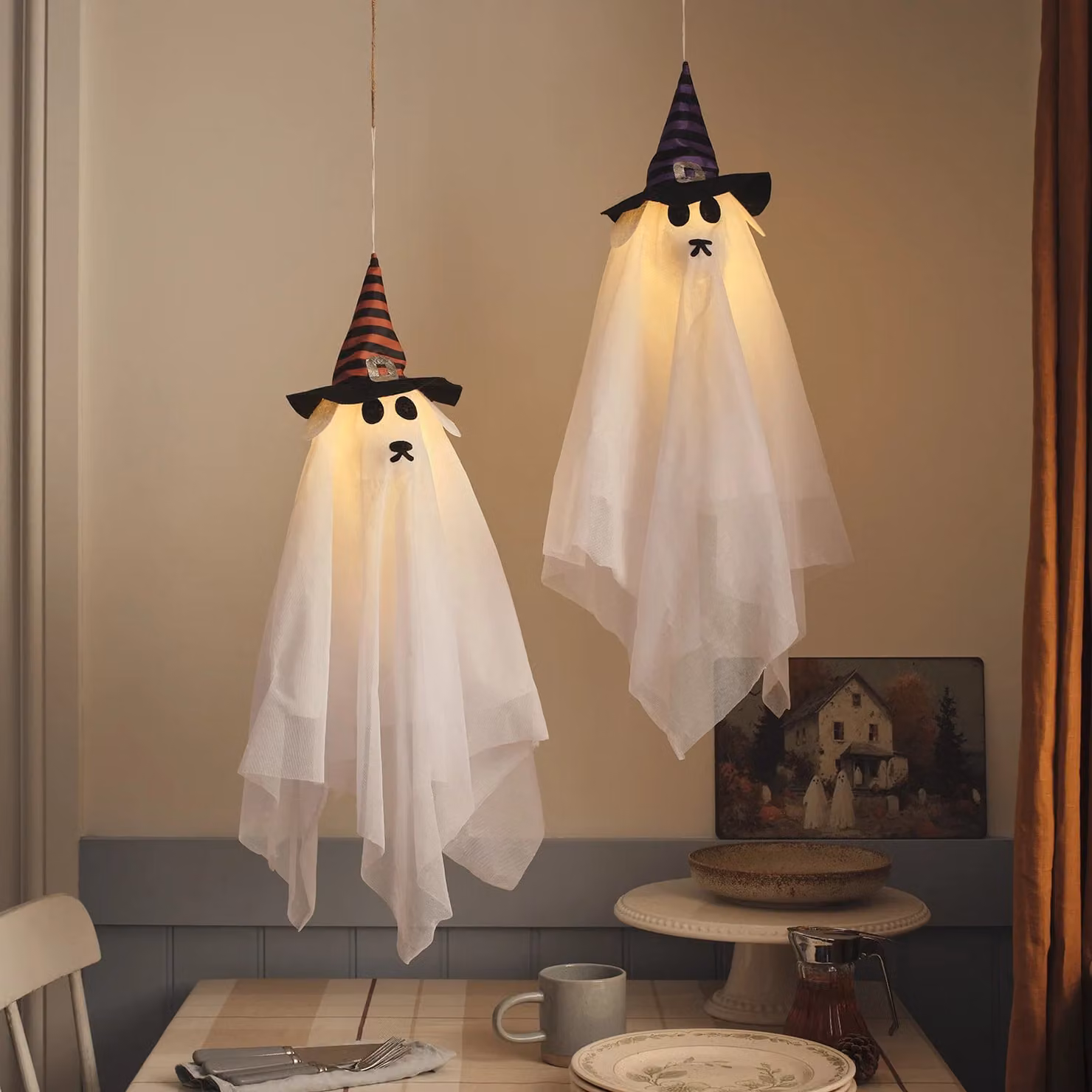 Lights4fun 2 Hanging LED Ghost Dog Halloween Decorations in Multicolour, Purple, Orange and White