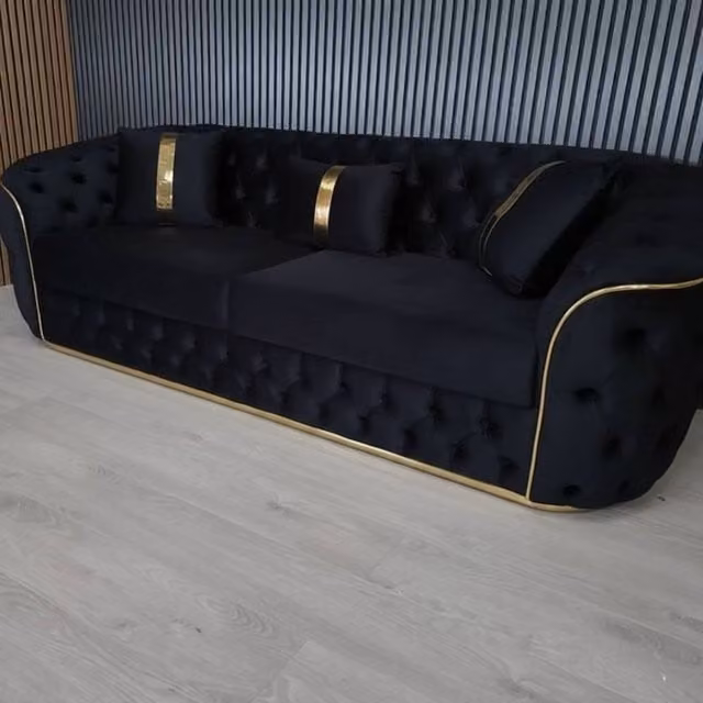Stratus Interiors Ambassador Chesterfield Sofa in Black Velvet with Gold Trim