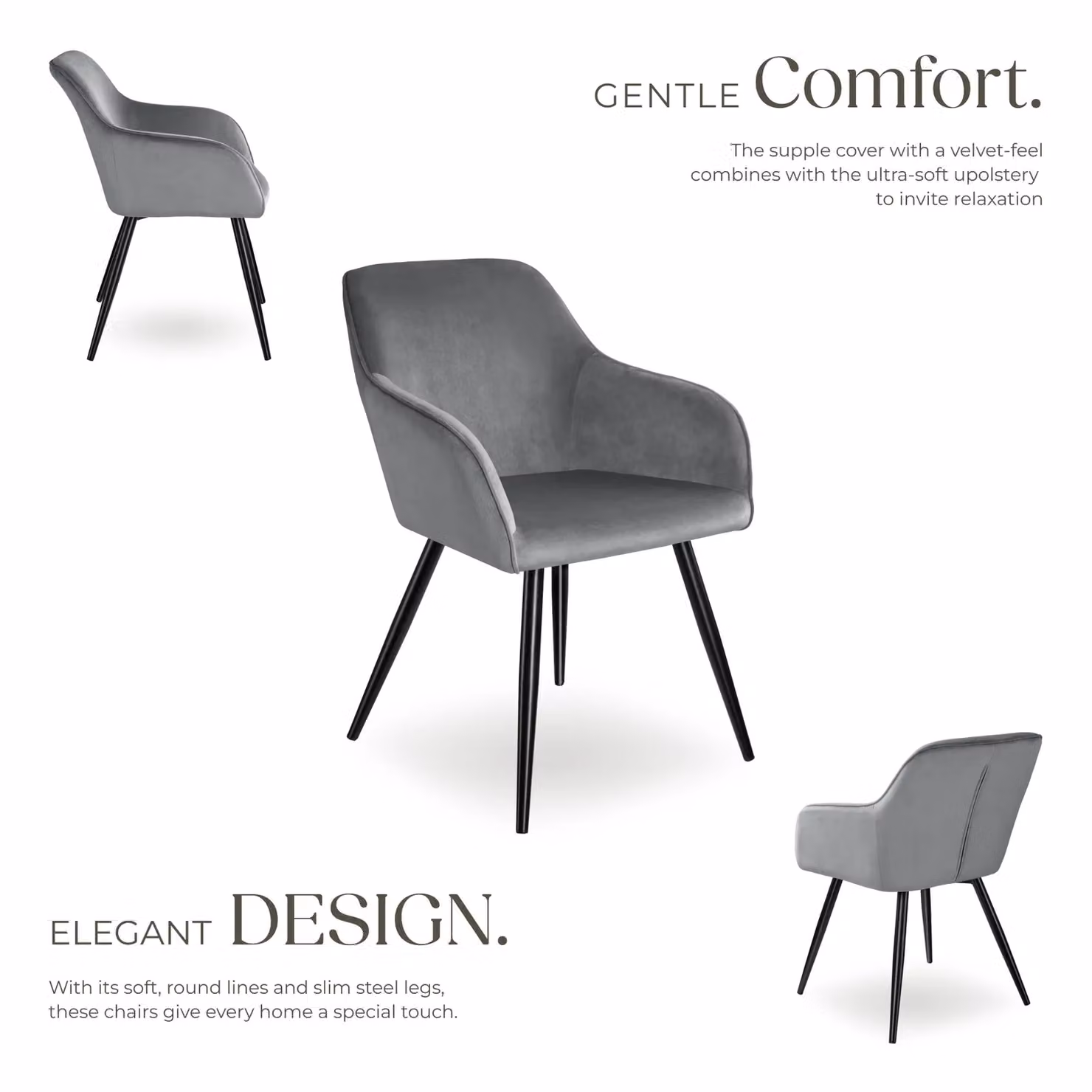 tectake Marilyn Velvet Dining Chair Set of 2 in Grey and Black – 3