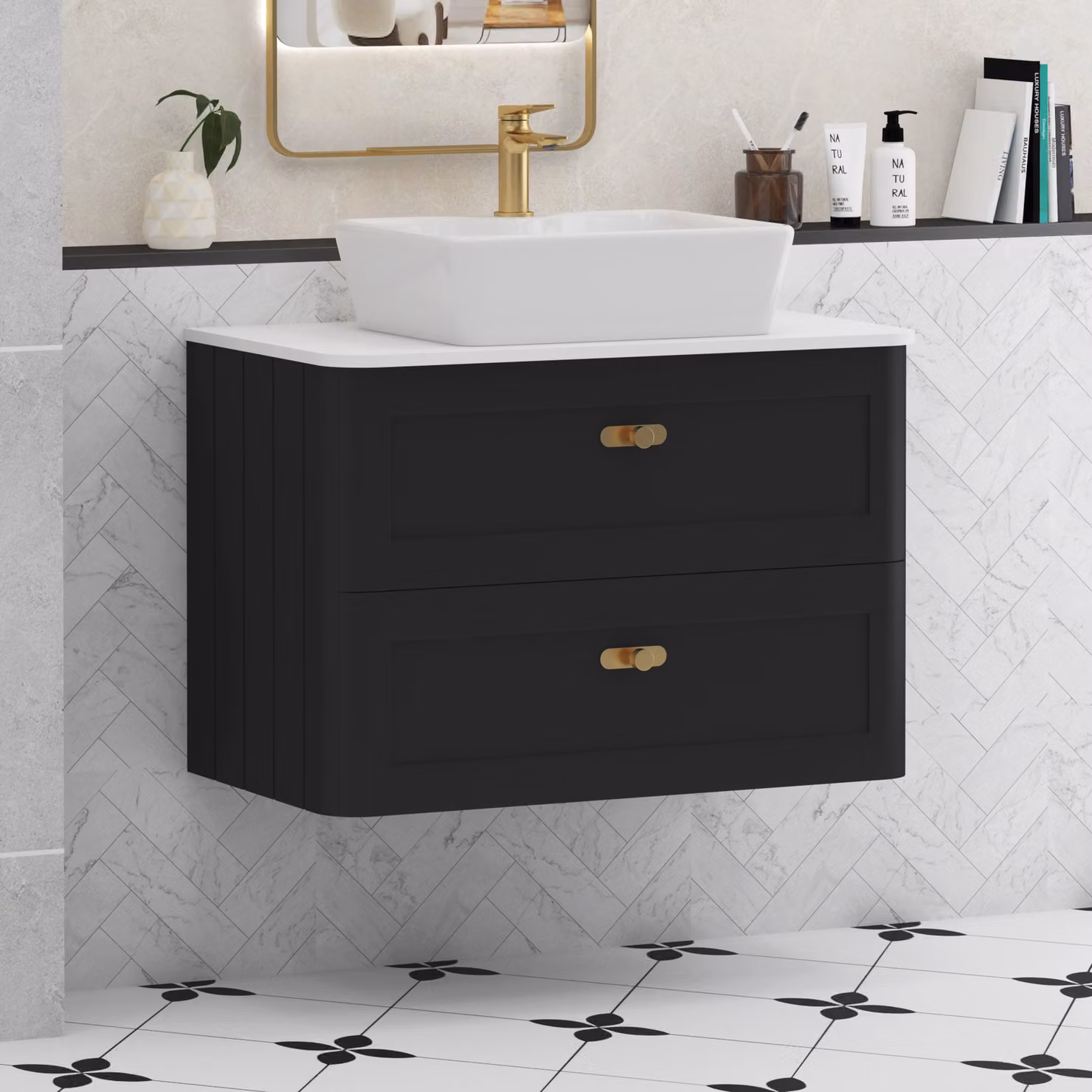 Royal Bathrooms Henley 800mm Matt Nocturne Black Wall Hung 2 Drawer Vanity Unit with Plain White Worktop and Brushed Brass Knob