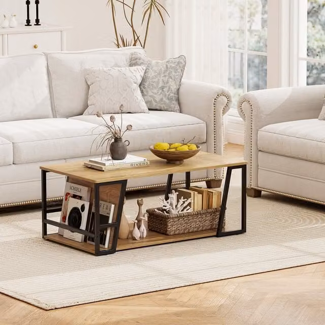 COSTWAY 2-tier Industrial Round Accent Table with Ceramic Top in Brown