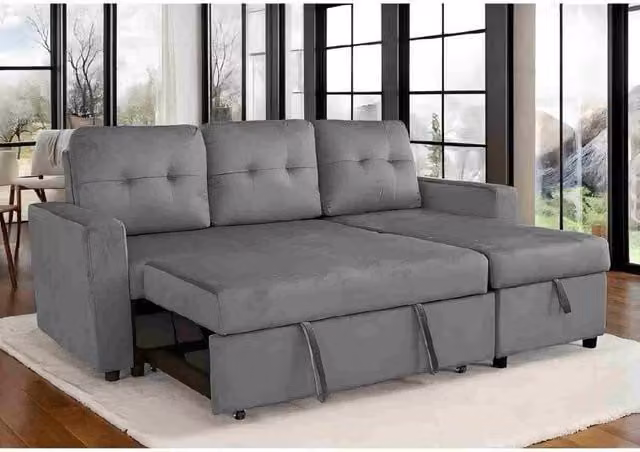Furniture Maxi Avery Grey Velvet Reversible Corner Sofa Bed with Storage Chaise and Solid Wood Frame
