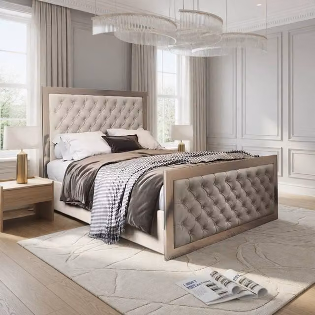 KDMD Mawdesley Upholstered Soft Velvet Designer Bed Frame in Beige and Black with Lift Up Base, Super King, W: 200 cm x D: 200 cm