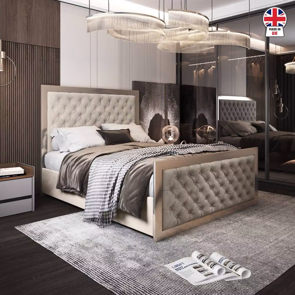 KDMD Minsmere King Size Upholstered Velvet Bed Frame with Lift Up Base in Cream and Beige – 3