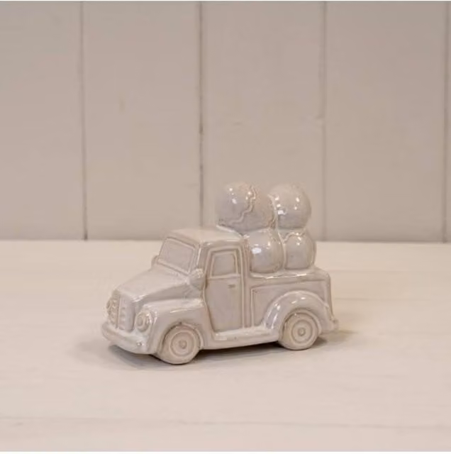 KDMD Vintage Ceramic Car Carrying Eggs Ornament in White and Beige