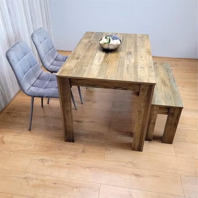 Kosy Koala Rustic Effect Dining Set with Rectangular Table, 2 Velvet Chairs and Bench in Brown and Grey