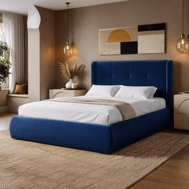 Solace+Co Monte Midnight Blue Velvet Winged Button Headboard Ottoman Bed, W/D/H: 140 x 200 cm