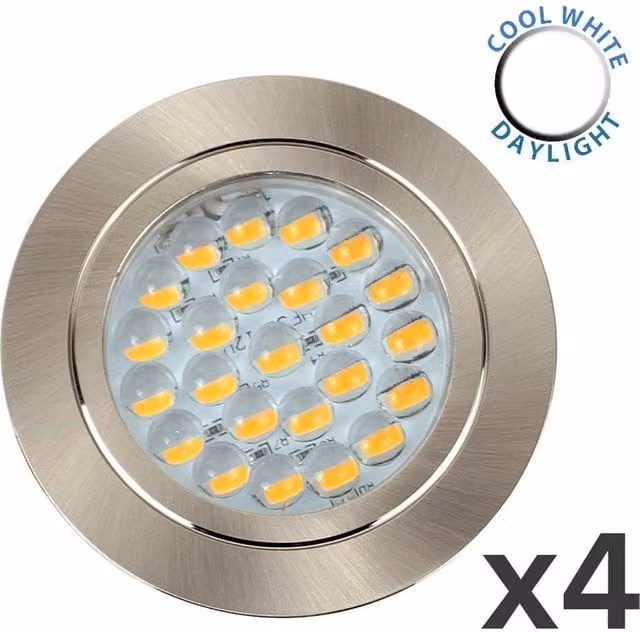 ValueLights Pack of 4 Modern Chrome Recessed LED Caravan Downlights with Integrated Cool White Bulbs