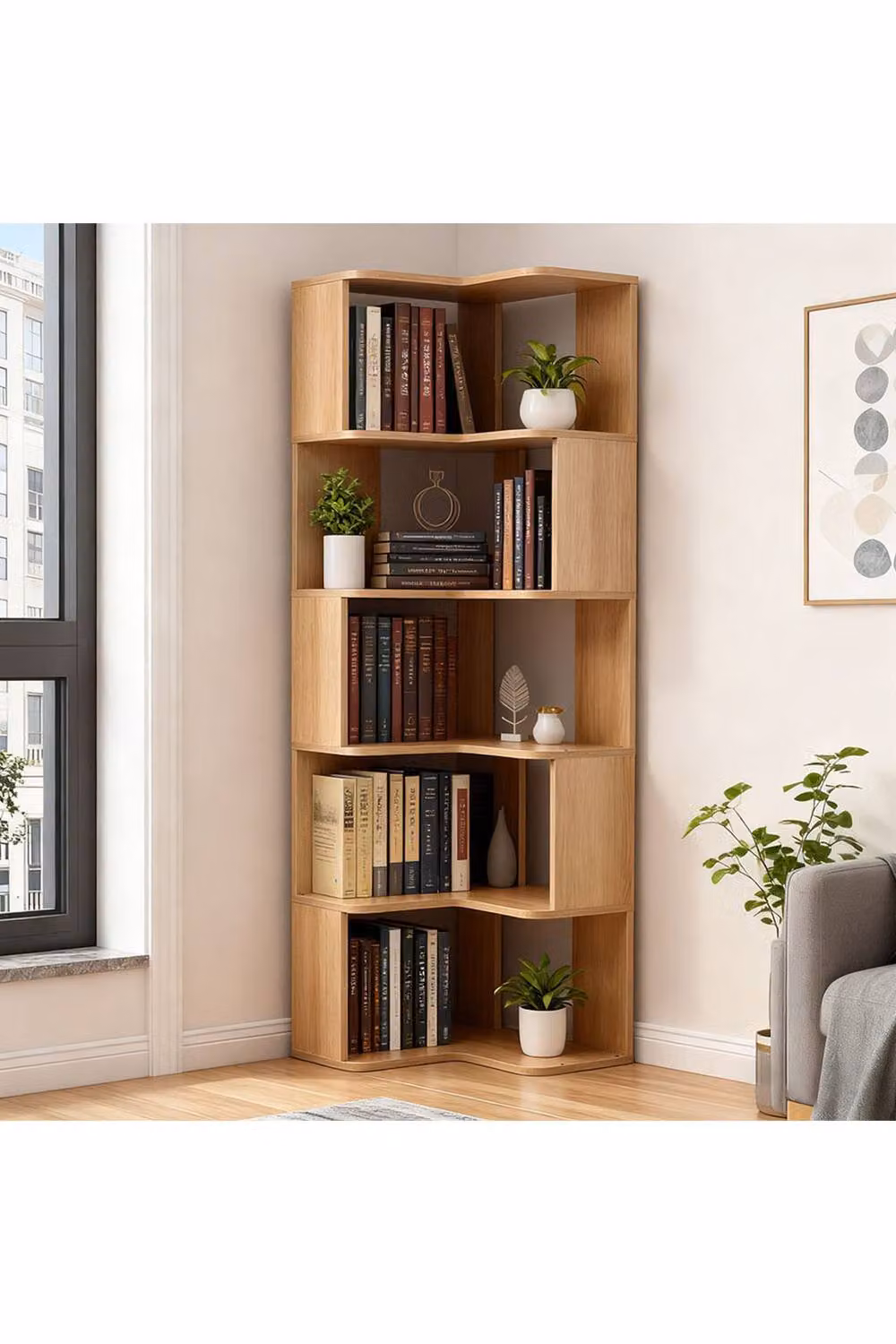 Living and Home 5-Tier L-shaped Corner Wooden Storage Shelf in Light Oak – 2