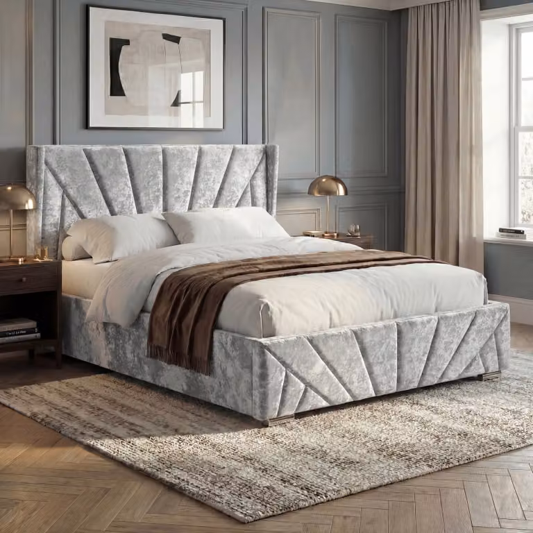 Sunrise Small Double Crushed Velvet Ottoman Storage Bed in Silver, W/D/H: 120 x 200 cm