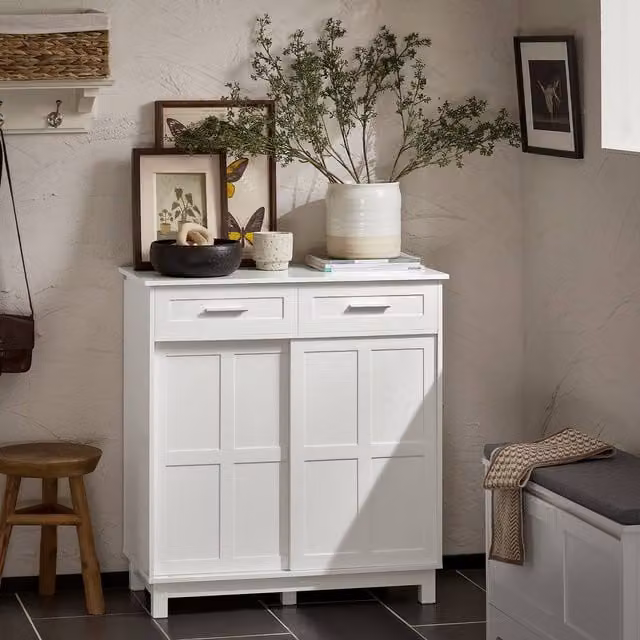 SoBuy White Farmhouse Sideboard with Sliding Doors and Silver Metal Details, Width: 80 cm