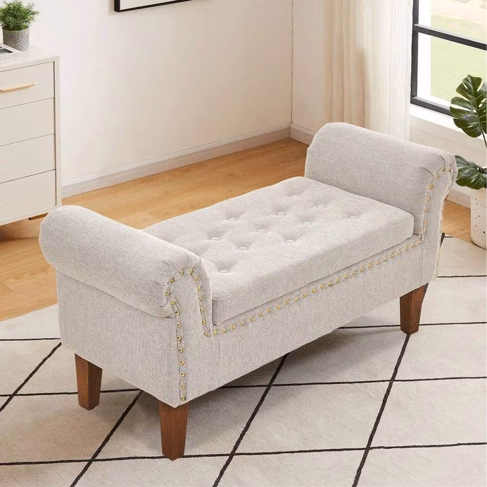 KORVIXA Upholstered Bed End Ottoman Storage Bench in Beige W/D/H: 100 x 100 x 100 cm – 2