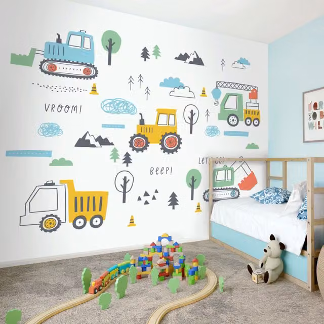 Origin Murals Tractors and Diggers Wall Mural in Yellow and Multicolour