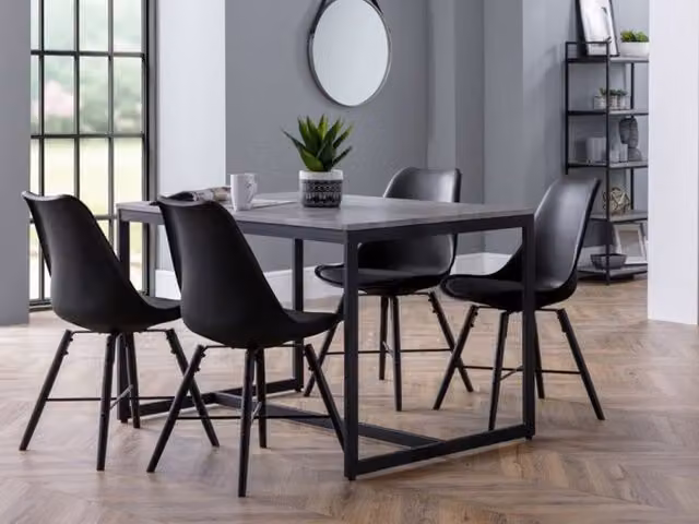 Julian Bowen Staten Concrete Effect Dining Table and 4 Kari Black Chairs, Grey and Black, W/D/H: 120 x 80 x 75 cm