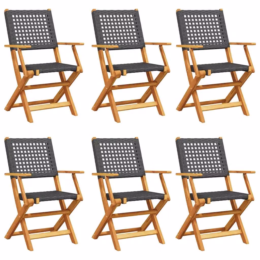 Berkfield Home Set of 6 Folding Garden Chairs in Black Poly Rattan and Acacia Wood – 2