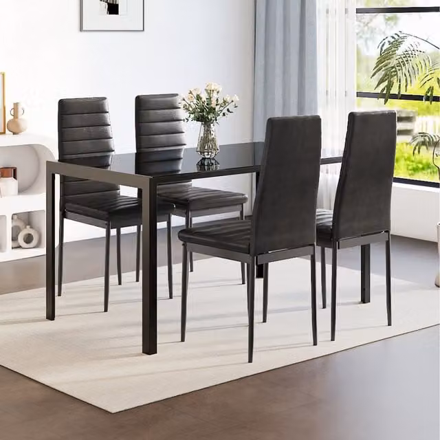 Komore Modern Black Tempered Glass Rectangular Dining Table and PU Leather Chair Set, 140 cm, W/D/H: 140 x 140 x 96 cm