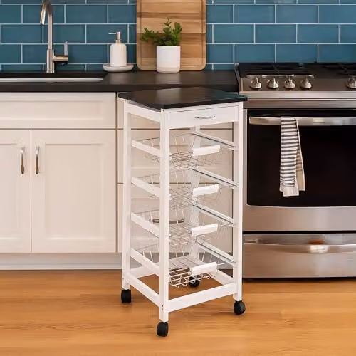 Chef Vida 4 Tier Kitchen Trolley Cart with Storage Baskets and Drawer, White and Black, H 81 x W 37 x D 37 cm – 5