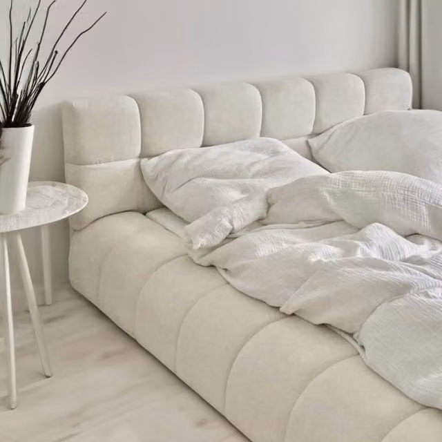 KDMD Ciara Bouclé Upholstered Bed Frame in White, Super King Size (W/D/H: 220 x 200 x 98 cm) – 1