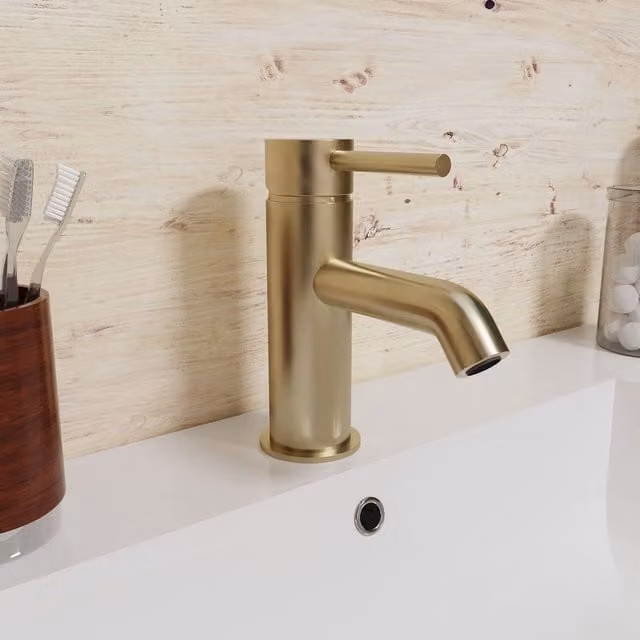 Nes Home Brushed Brass Modern Deck Mounted Round Single Lever Basin Mono Mixer Tap in Beige