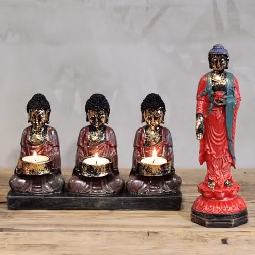 KDMD Antique Buddha Three Devotees Ceramic Tealight Candle Holder in Red – 3