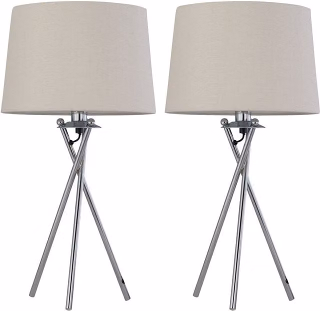 First Choice Lighting Set of 2 Chrome Tripod Lamps with Silver Fabric Cylinder Shades – 1