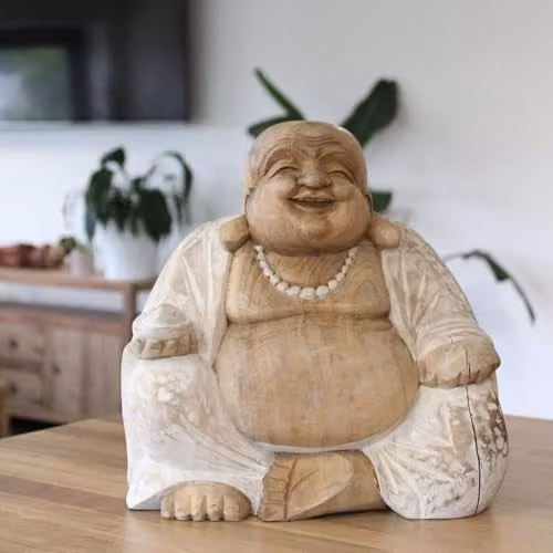 Ancient Wisdom Happy Buddha Tabletop Ornament, Whitewash Stone, Height: 30 cm – 3
