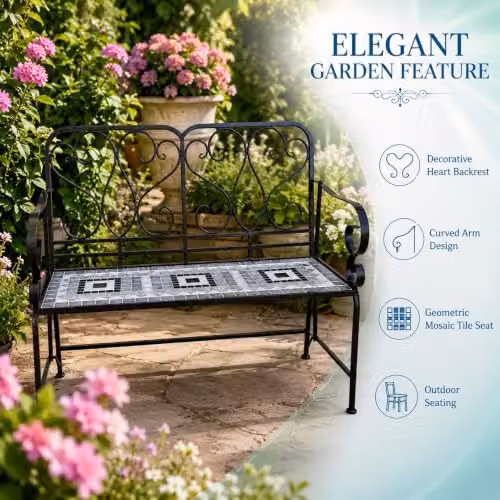 Shatchi Medina Mosaic 2 Seater Garden Bench in Multicolour Metal and Ceramic Tile, W: 112 cm, H: 96 cm, D: 47 cm – 7