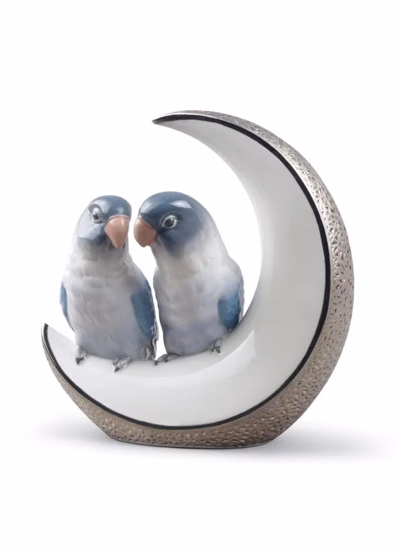 Lladró Fly Me to the Moon Birds Porcelain Figurine in Silver Lustre
