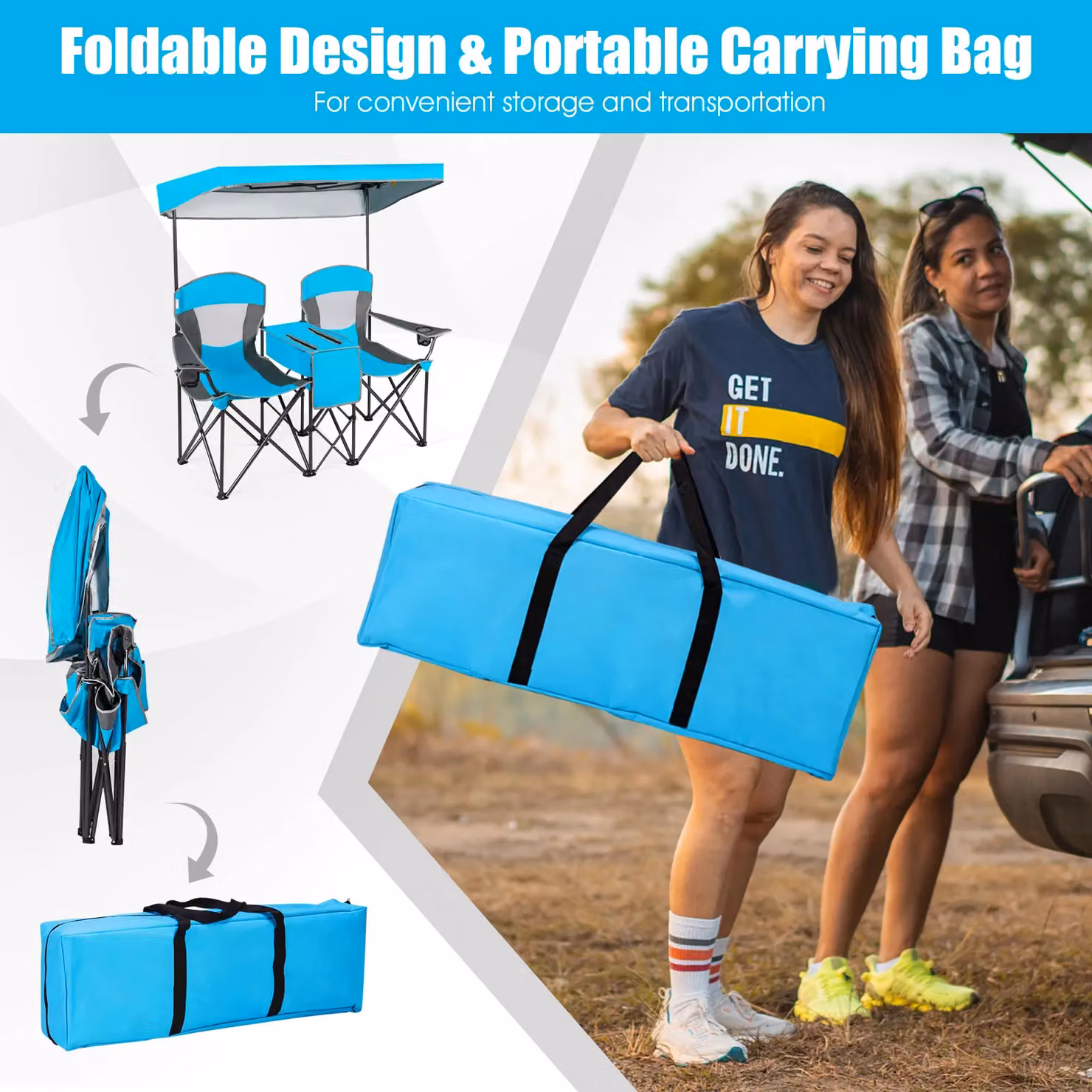 Gymax Double Sunshade Folding Chairs in Blue with Sun Canopy, Armrests and Cup Holders – 2