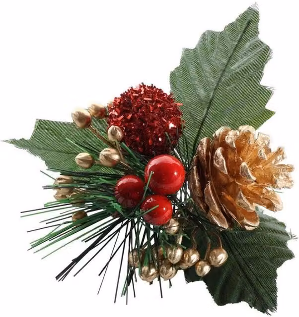 KDMD Berry Pick with Gold Pinecone, 5 Pack, Green and Gold, Height: 14 cm – 1