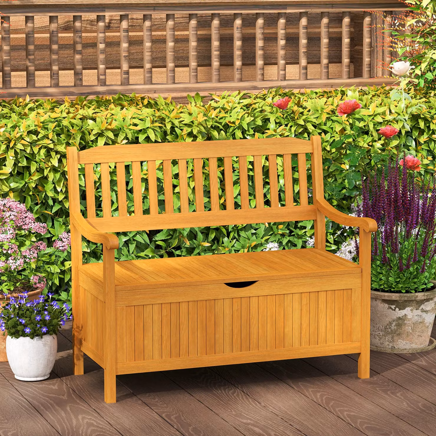 Costway 125L Outdoor Acacia Wood Storage Bench Deck Box Loveseat in Natural Brown – 2